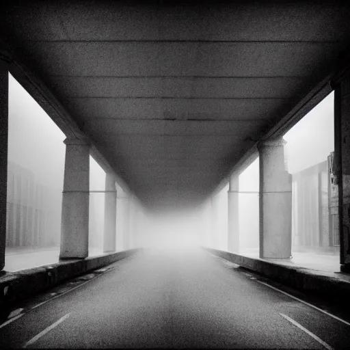 Image similar to empty streets of the void, real photography, black and white, foggy