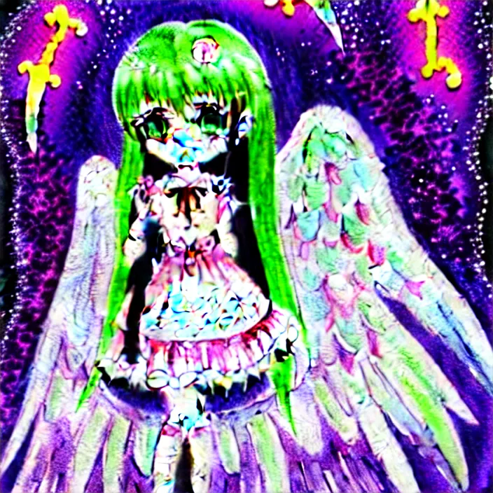 Image similar to gothic lolita cute angelic archangel, religious art watercolor slimy slime drenched skinny divine holy skellington being of glitter glue, pastel cute slime, 3 d polygon ui of neon ornamental rococo frames, maximalist decora gyaru sanrio murakami pixar concept art