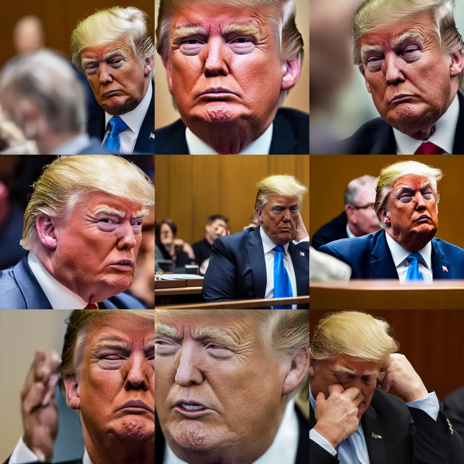 Prompt: Donald Trump crying in a courtroom, XF IQ4, f/1.4, ISO 200, 1/160s, 8K, RAW, unedited, symmetrical balance, in-frame