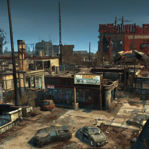 Image similar to Albuquerque, New Mexico in ruins post-nuclear war in Fallout 4, in game screenshot