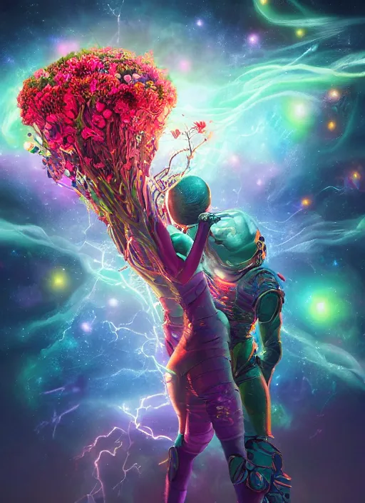 Image similar to An epic fantastic realism comic book style painting of the most beautiful entwined flowers launched across the dark galactic night sky, nebulous bouquets, fisheye, lightning creating life, unreal 5, DAZ, hyperrealistic, octane render, dynamic lighting