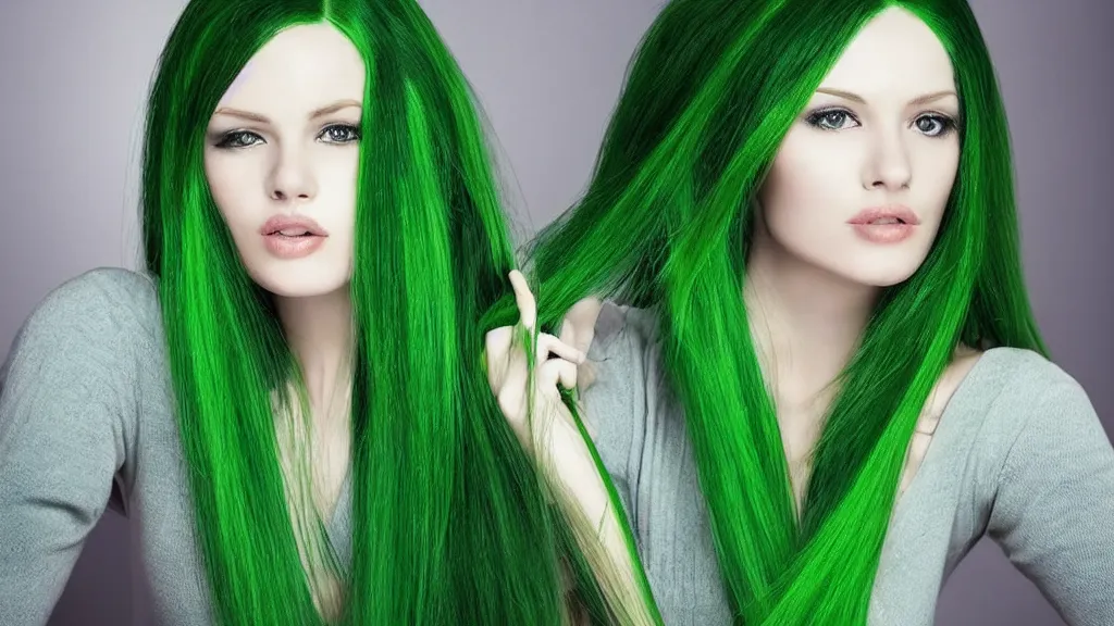 Image similar to beautiful woman playing with her very long green hair