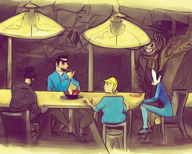 Image similar to a couple of people sitting at a table outside of a restaurant, concept art by hanna - barbera, deviantart contest winner, magic realism, 2 d game art, wiccan, official art