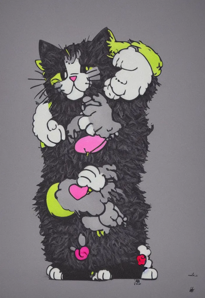 Image similar to fluffy cat with an afro comb t - shirt design, by jules julien, kaws, dark grisaille monochrome neon spraypaint, ironic surrealism, hypebeast