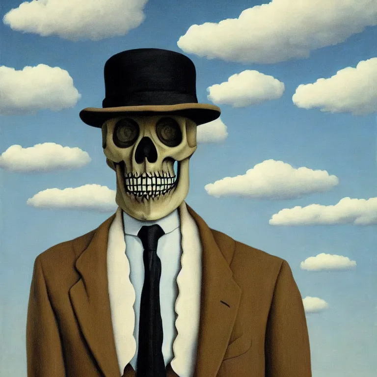 Image similar to portrait of a skeleton in a suit, clouds in the background, by rene magritte, detailed painting, distance, middle centered, hd, hq, high resolution, high detail, 4 k, 8 k