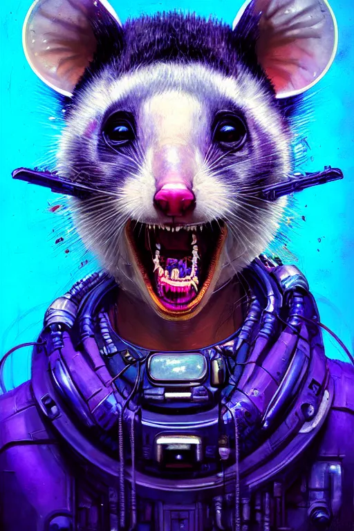 Image similar to a beautiful portrait of a cute cyberpunk opossum screaming by sandra chevrier and greg rutkowski and wlop, purple blue color scheme, high key lighting, volumetric light, digital art, highly detailed, fine detail, intricate, ornate, complex, octane render, unreal engine, photorealistic