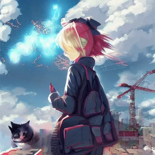 Prompt: nuclear bomb destroying all buildings at the distance, anime girl with her kitty, yumei art, Artstation, pinterest 8k hyper-detailed