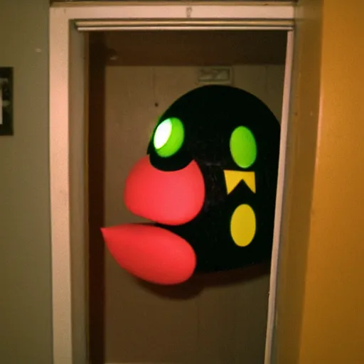 Prompt: grainy photo of pac - man as a creepy monster in a closet, harsh flash