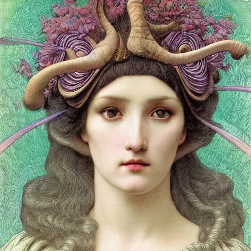 Prompt: hyperrealistic detailed portrait of ivory beautiful demonic witch, art by ernst haeckel, john william godward, hammershøi, alphons mucha, pontormo, ornamental, decorative, art nouveau pattern, deep pastel colors,