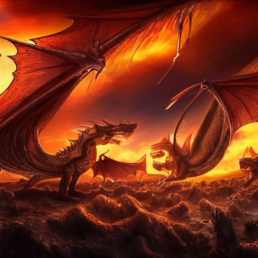 Image similar to family of dragons living in a base on the surface of the sun, digital art, highly detailed, epic composition, wide angle, cinematic lighting