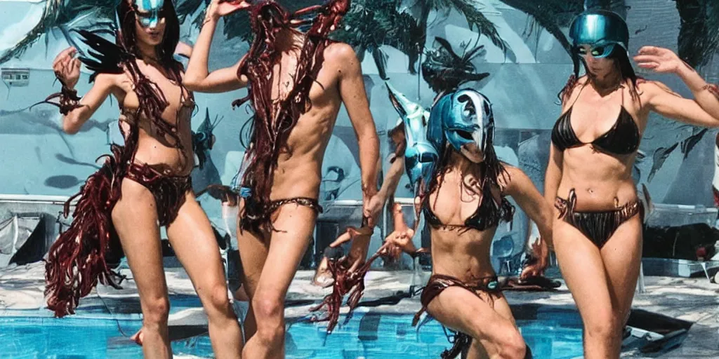 Prompt: a xenomorph from the movie Aliens having fun at the pool party of a rich, pretty woman in a bikini