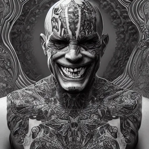 Prompt: tatted man laugh hard. matte, symmetrical anatomy, hyperdetailed, digital art, baroque, pop punk art style, fantasy, full body pictures, without duplication, art by artgerm and ilya kuvshinov and vinicius gud and gustavo zambelli, intricate, octane render.