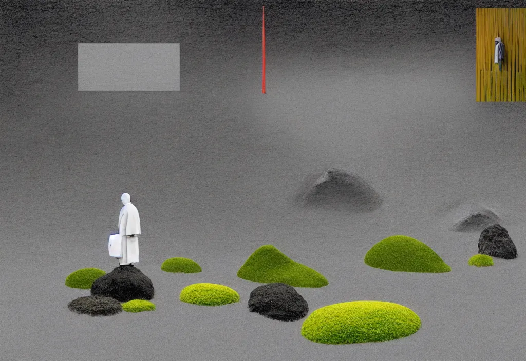 Image similar to a lone priest tending a zen garden kyoto, japan, a collage painting, in the style of wes anderson, lola dupre, david hockney, isolated on negative white space background dark monochrome fluorescent neon spraypaint accents volumetric octane render