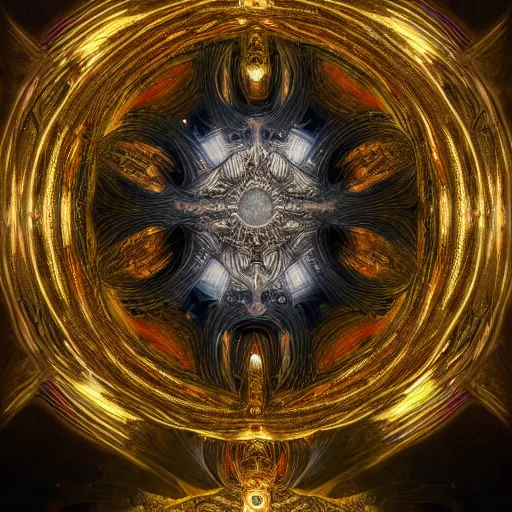 Image similar to Divine Chaos Engine by Karol Bak, Jean Deville, Gustav Klimt, and Vincent Van Gogh, celestial, visionary, sacred, fractal structures, ornate realistic gilded medieval icon, spirals, octane render