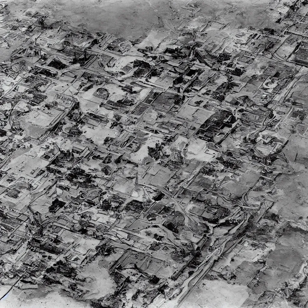 Prompt: An aerial view of a machine to terraform the Earth after destruction in the style of Robert Doisneau