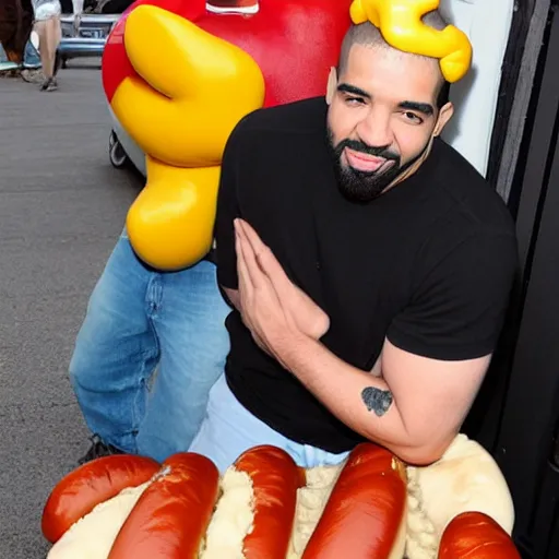 Image similar to drake hugging a giant hotdog man