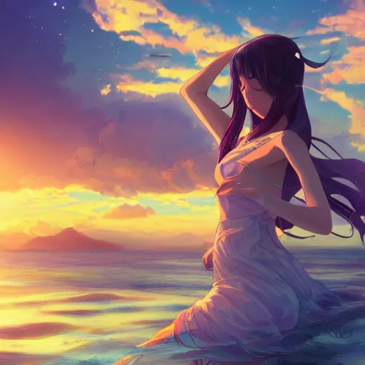 Image similar to A girl dancing on water, detailed facial features, evokes feelings of joy, beautiful flowing fabric, sunset, dramatic angle, realistic and detailed, by studio trigger, pixiv dslr photo by Makoto Shinkai rossdraws and Wojtek Fus