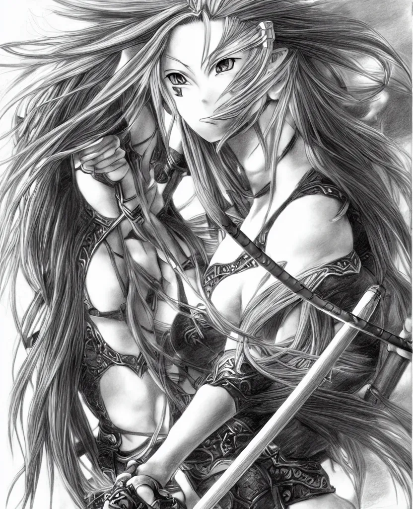 Image similar to hyper - realistic pencil drawing of a fantasy warrior anime woman withwith long hair twirling, very exaggerated fisheye perspective, art by shinichi sakamoto