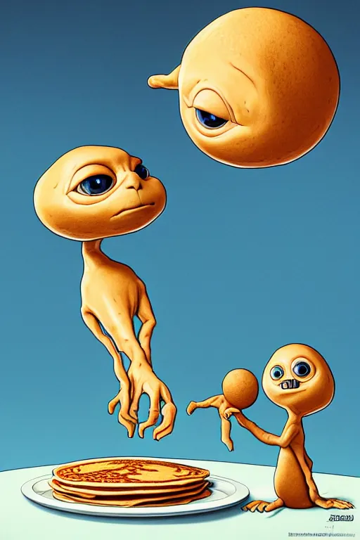 Image similar to et from spielberg making pancakes, animation pixar style, by pendleton ward, magali villeneuve, artgerm, rob rey and kentaro miura style, golden ratio, trending on art station