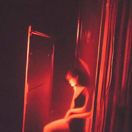 Prompt: foggy neon night, sayaka isoyama leaning back against a wall in a black minidress smoking a cigarette outside a neon lit entrance, 1 9 7 0 s, intricate, moody, tasteful, intimate, highly detailed, short focus depth, artgerm, daido moriyama