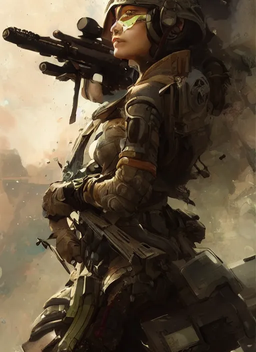 Image similar to of a beautiful sniper girl in war, with futuristic gear and helmet, portrait by ruan jia and ross tran, detailed, epic video game art, warm color tone