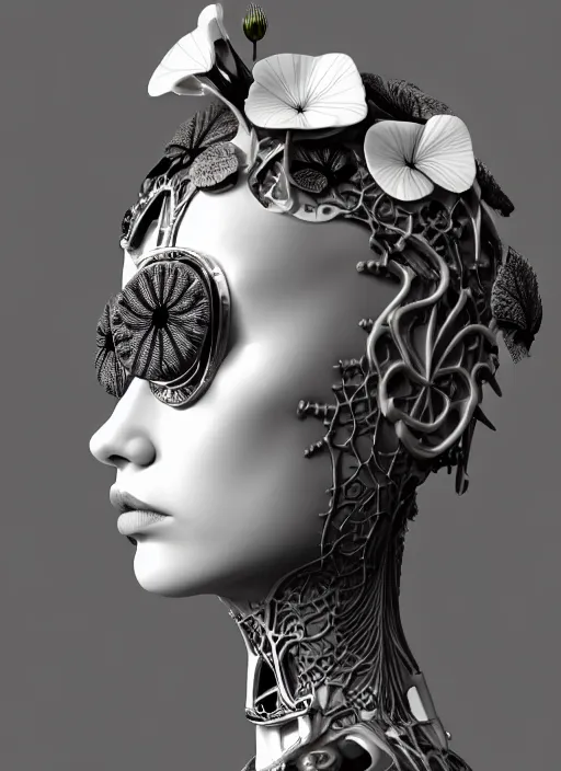 Prompt: monochrome 3 d model, steampunk biomechanical beautiful young female cyborg with porcelain profile face and a big floral eye, volumetric light, leaves foliage and stems, hibiscus flowers, boho floral vines, sinuous fine roots, fine foliage lace, alexander mcqueen, rim light, big gothic fashion pearl embroidered collar, octane render, 8 k