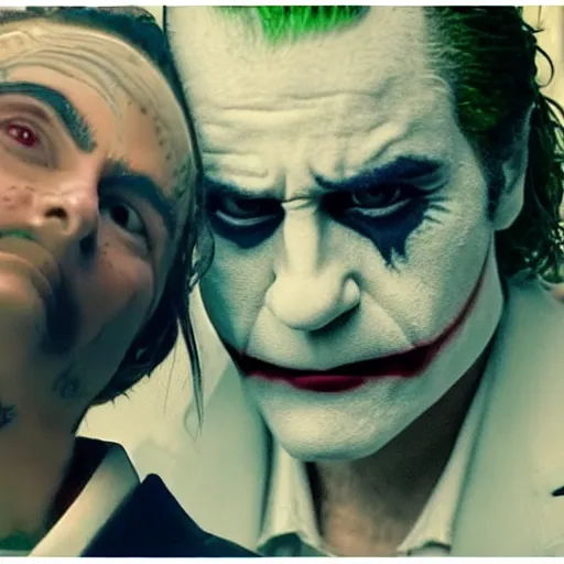 Image similar to ultra realistic candid from joaquin phoenix with lady gaga in new joker movie footage's, intricate details. sharp details