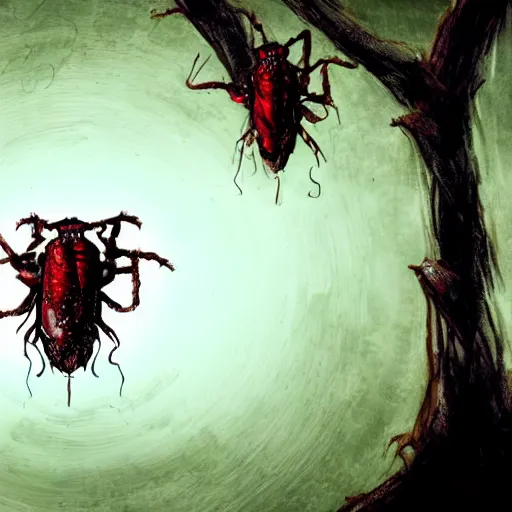 Prompt: horrifying concept art of a scary monster made of cicadas and human blood