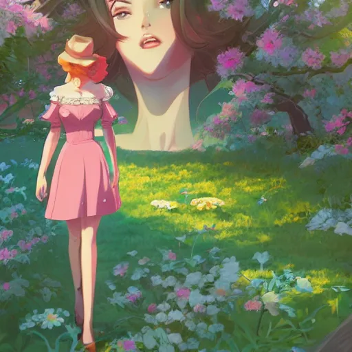 Image similar to a beautiful woman in southern belle fashion, garden landscape, 4k, anime key visual, lois van baarle, ilya kuvshinov, rossdraws, artstation