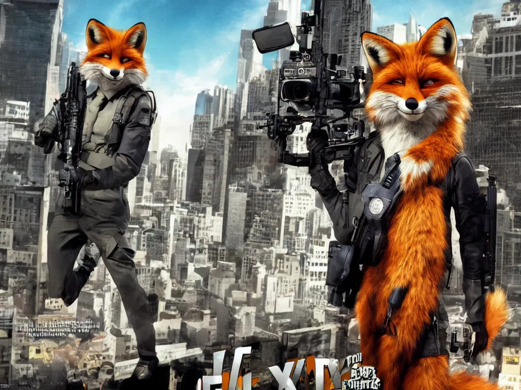 Image similar to movie poster anthro fox furry in the tv show 24, wearing an awesome uniform, city streets, fursona, anthropomorphic, furry fandom, film still