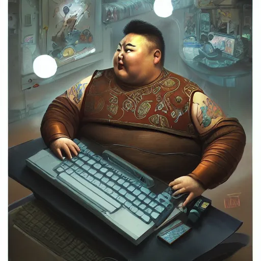 Image similar to an insanely detailed painting of a chubby asian man wearing a homemade superhero costumed, sitting at a computer desk typing on the keyboard, in the style of peter mohrbacher, dramatic lighting and composition, trending on artstation, concept art, comic book, graphic novel