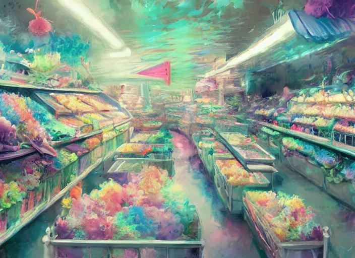 Image similar to bright cheery placid pastel deep cozy moody cluttered painterly fluffy tiny cramped live pet store, aisles of aquariums, slanted ceiling, tiny space, particulate, trending on pixiv