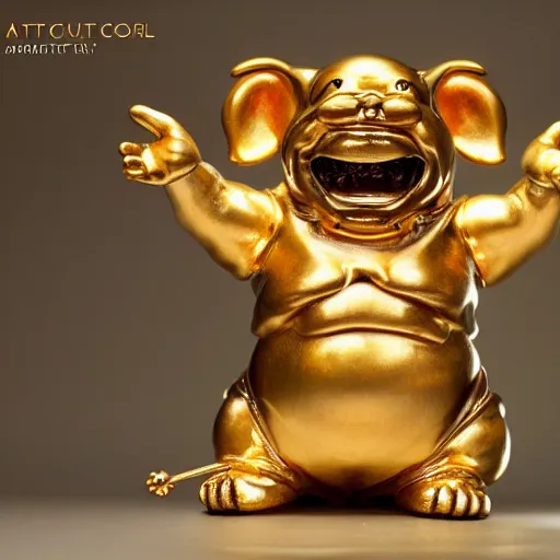 Prompt: a happy cute fat Lucky Golden Goblin statue,fat lucky god, bright art masterpiece artstation. hyper details, golden smooth material, sculpted by Alex Alice, Craig Mullins, yoji shinkawa, trending on artstation, beautifully lit, Peter mohrbacher, hyper detailed, insane details, intricate, elite, elegant, luxury, glittering light, CGsociety, hypermaximalist, golden ratio, treasure background, volumetric, octane render, weta digital, micro details, 3d sculpture