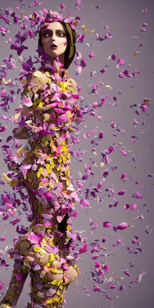 Prompt: an anthromorphic beautiful bee woman wearing striped couture made out of wax and paper and flower petals, running in a papercraft field of flowers, trending on Art Station, 3D, octane render,