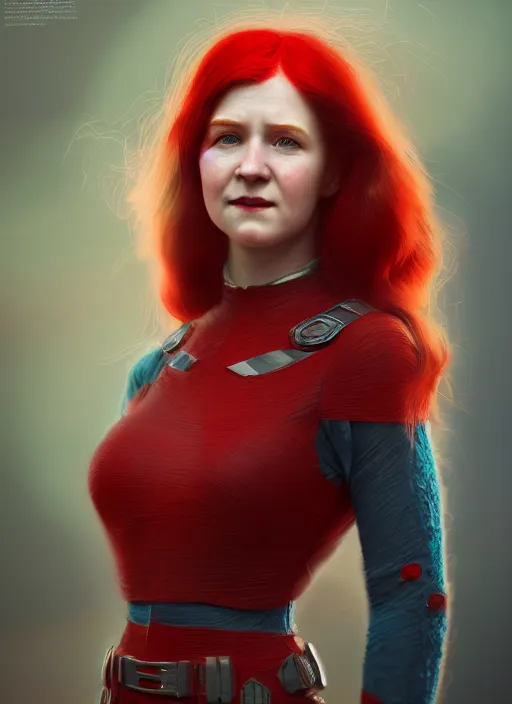 Prompt: a beautiful red - haired girl dressed as a superhero, intricate, elegant, highly detailed, digital painting, artstation, concept art, smooth, sharp focus, illustration, ethereal, misty, by beatrix potter, 8 k, octane render