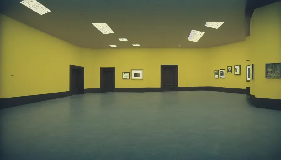 Prompt: 60s movie still of a sovietic stalinist style empty art museum with a soviet congress with yellow wall, cinestill 800t, liminal Space style, heavy grain