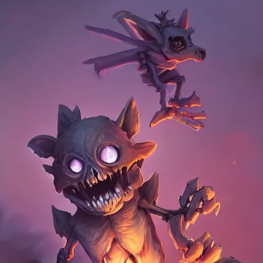 Image similar to cute skeleton animal creatures. hearthstone animal creatures, graveyard background, bright art masterpiece artstation. 8k, sharp high quality artwork in style of Jose Daniel Cabrera Pena and Greg Rutkowski, violet theme, concept art by Tooth Wu, hearthstone card game artwork