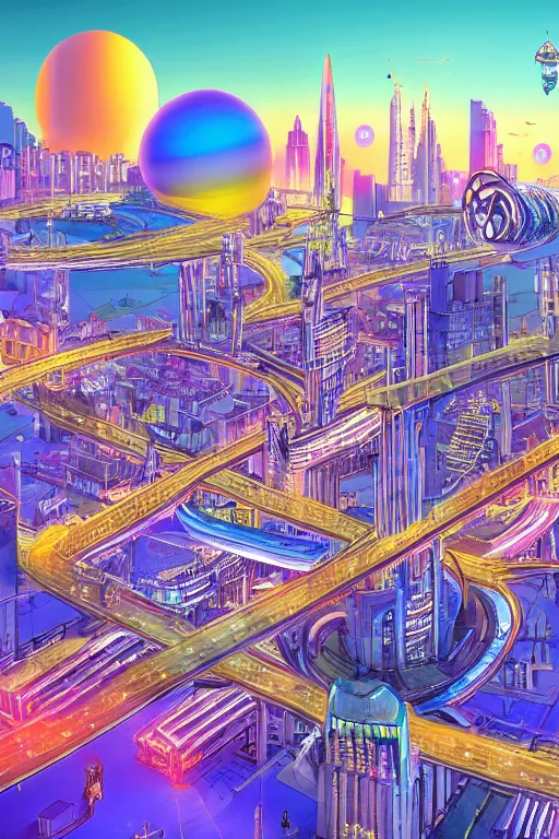 Prompt: A city of the future with thin bridges floating in the air and big unknown flying machines. The top is bright and colourful, with domes and glowing peaks of buildings; the bottom is dark and almost melting in the twilight, with glowing bright signs. Several colossal-sized moons with amazing rings are visible,