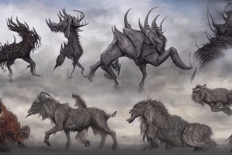 Image similar to beasts of the steppe, fantasy creature designs in an atmospheric landscape