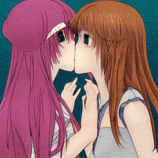 Image similar to portrait of two girls kissing, detailed manga art