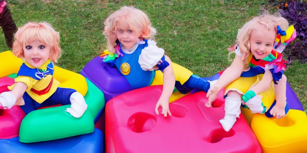 Prompt: Rainbow Brite and Sailor Moon playing Hungry Hungry Hippos together