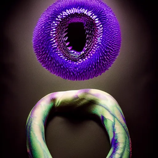 Image similar to Deep imprint flower core, our ouroborous devours it's tail by Rick Baker, black, neon purple, Hyperreal, Photographed in the Style of Annie Leibovitz, Studio Lighting