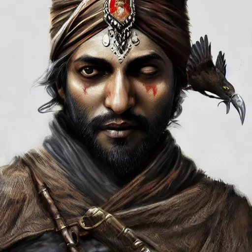 Prompt: Portrait of a Very handsome Indian man with an eagle sitting on his shoulder, Bloodborne concept art, trending on Artstation, photorealistic image, 8k