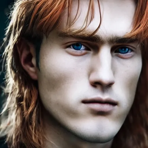 Image similar to a beautiful picture of a jong red blond european man wiht a sharp face and brown eyes, long hair, pointy nose