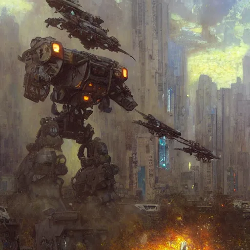 Prompt: six meters tall mech fighting in an urban environment, epic action scene, by gaston bussiere craig mullins jc leyendecker gustav klimt artgerm greg rutkowski john berkey, bergey, craig mullins, ruan jia, raymond swanland, jeremy mann, tom lovell, alex malveda, raytracing