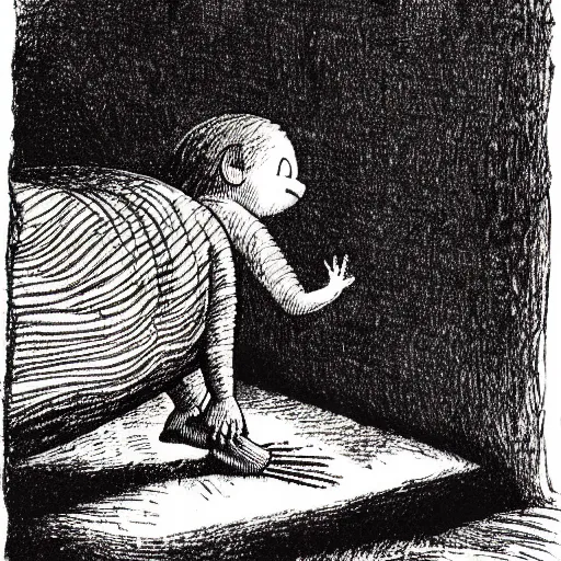 Prompt: monster hiding under the bed, illustration by Maurice Sendak