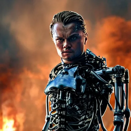 Image similar to Film still of leonardo dicaprio as The Terminator, half of face is cybernetic and exoskeleton exposed, photorealistic, burning city background