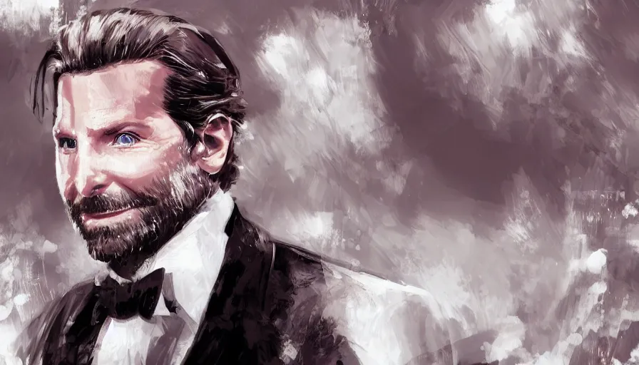 Prompt: Bradley Cooper in white suit and tie, hyperdetailed, artstation, cgsociety, 8k