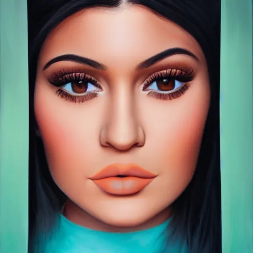 Prompt: a symmetrical portrait of a kylie jenner, oil painting, pale colors, high detail, 8 k, wide angle, trending on artstation,