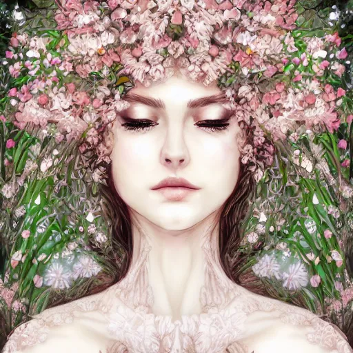 Prompt: a picture of a woman with a symmetrical detailed face, in a white lace dress and covered in flowers and leaves sitting in an enchanted forest, sunset, high fantasy, elegant, epic, detailed, intricate, digital painting, concept art, realistic detailed face, smooth, focus, soft rim light,